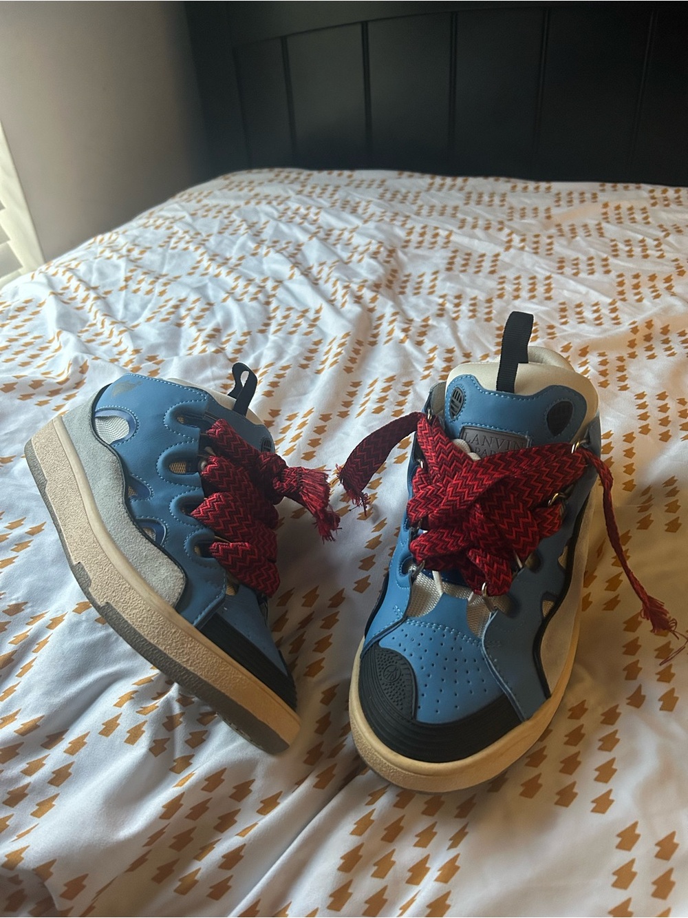 Lanvin Blue High-Top Sneakers with Red Laces